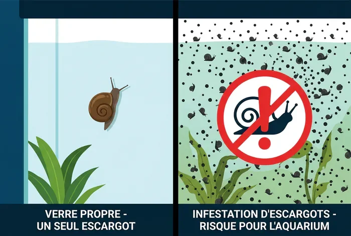 Infographie avant après invasion d'escargots dans un aquarium