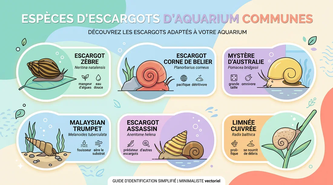 Guide des espèces d'escargots Infographie des espèces d'escargots d'aquarium communs