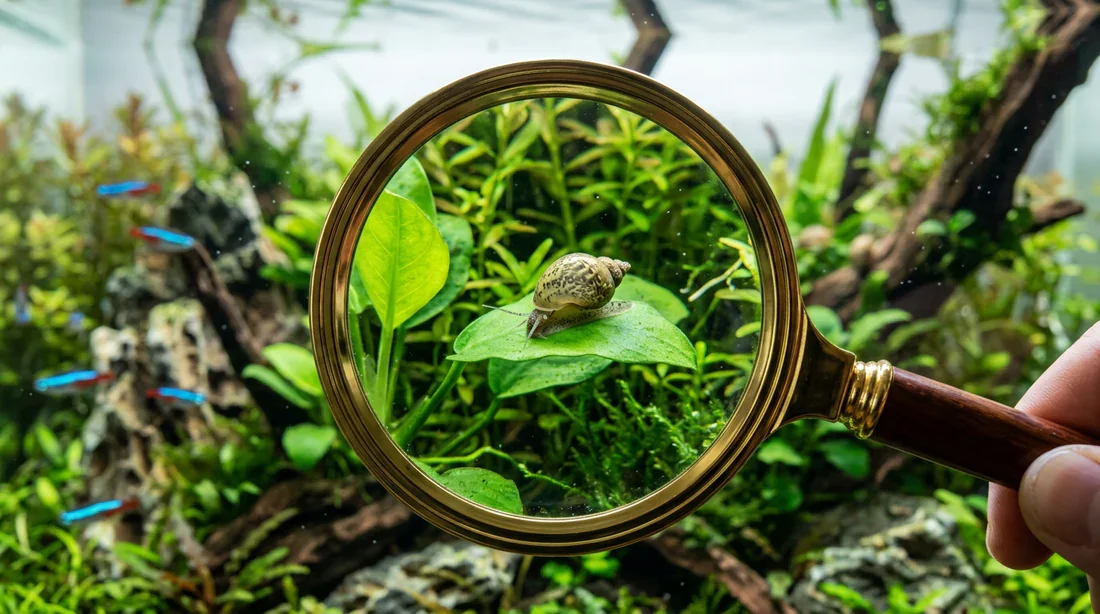 Macro d'un escargot dans un aquarium Photo macro d'un escargot sur une plante dans un aquarium planté
