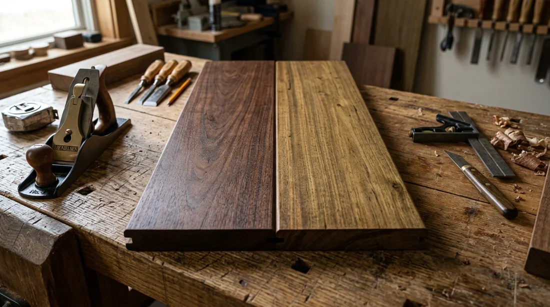 Comparatif bois Ipé vs Itauba Comparaison de lames de terrasse en bois Ipé et Itauba sur un établi