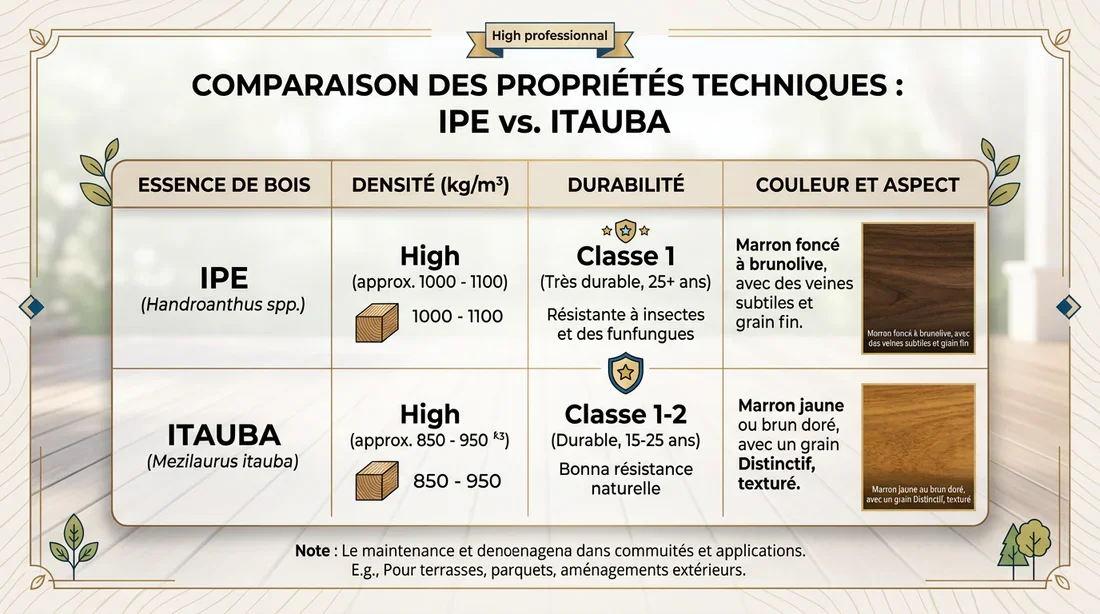 Tableau comparatif Ipé vs Itauba Tableau comparatif des propriétés techniques du bois Ipé et Itauba