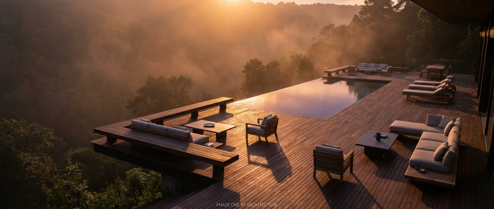 Inspiration : Terrasse en bois haut de gamme Vue panoramique d'une terrasse en bois luxueuse au design moderne lors du coucher du soleil