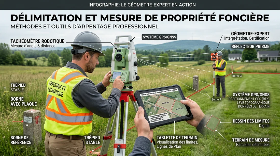 Le rôle du géomètre expert dans le bornage Schéma d'un géomètre expert définissant les limites de propriété