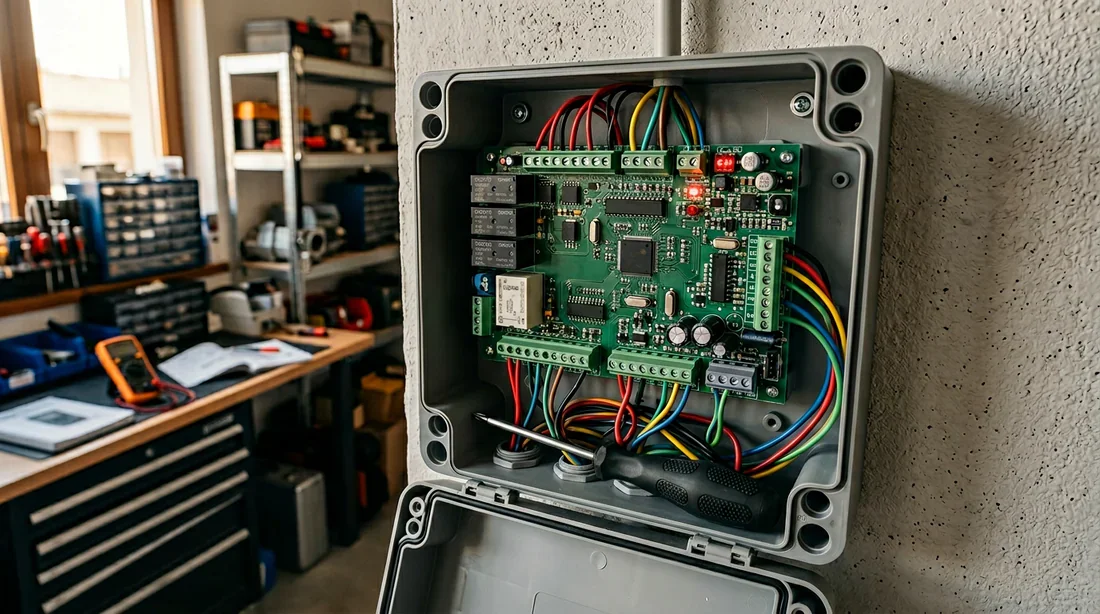 Boîtier Nice Maestro 200 ouvert avec un tournevis