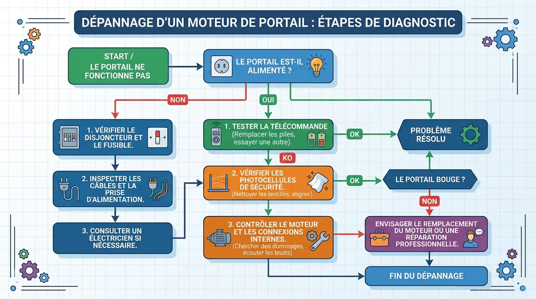 Étapes diagnostic moteur portail Schéma des étapes de diagnostic pour moteur de portail
