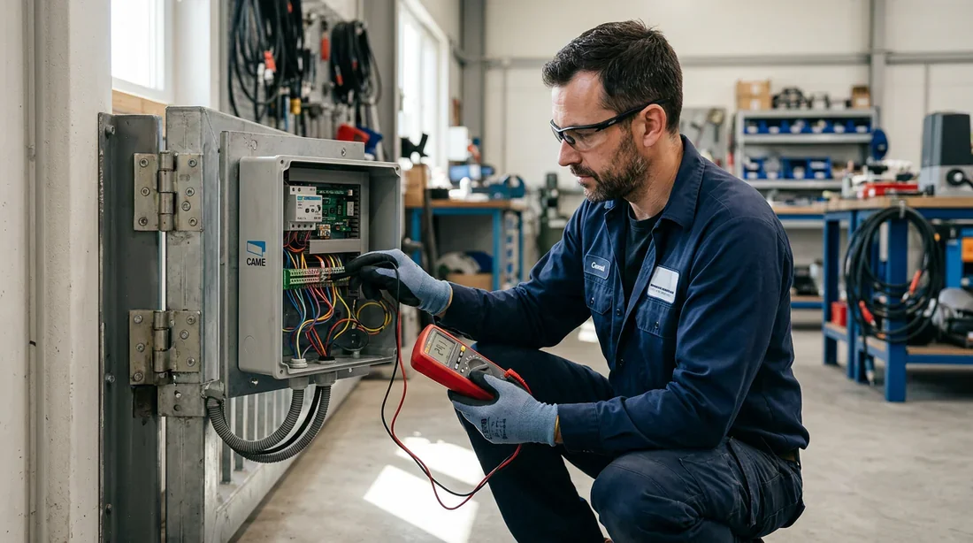 Vérification électrique portail Technicien vérifiant les connexions électriques d'un moteur de portail