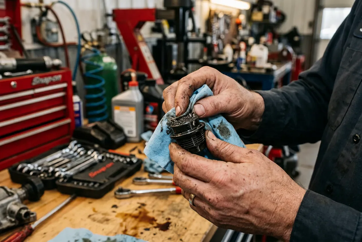 Nettoyage du bouchon magnétique de la boîte hydrostatique pour assurer l'étanchéité.