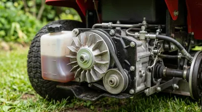 Vérification du niveau d'huile sur la boîte hydrostatique d'un tracteur tondeuse Honda.