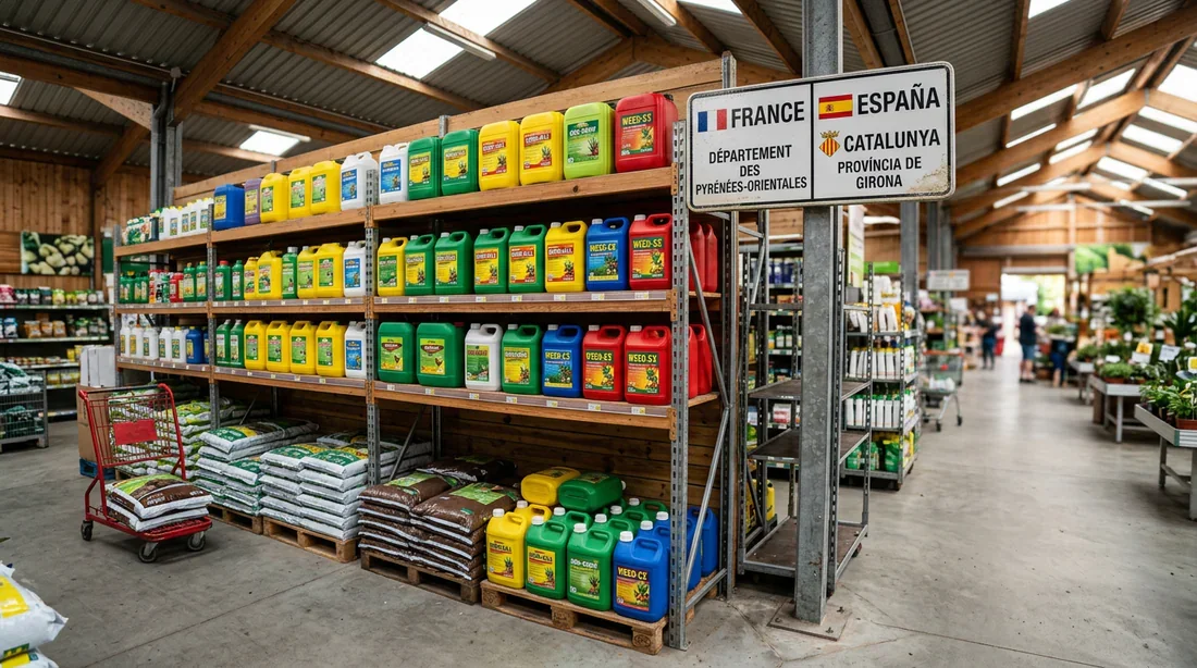 Achat de produits agricoles et désherbants en Espagne Allée de jardinerie avec bidons d'intrants agricoles et panneau frontière España France