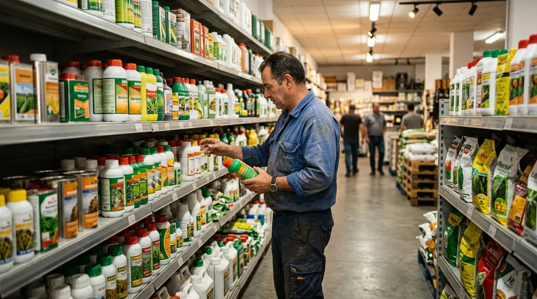 Législation et achat de désherbant en Espagne Client consultant des produits désherbants dans un magasin agricole espagnol