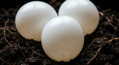 Gros plan contrasté de petits œufs blancs ronds sur terreau noir