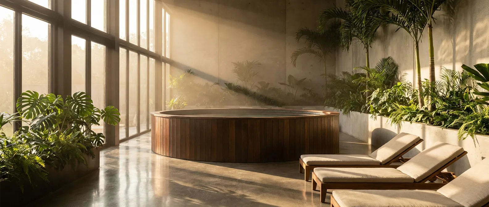 Installation luxueuse d'une piscine hors sol bois dans une pièce de vie lumineuse