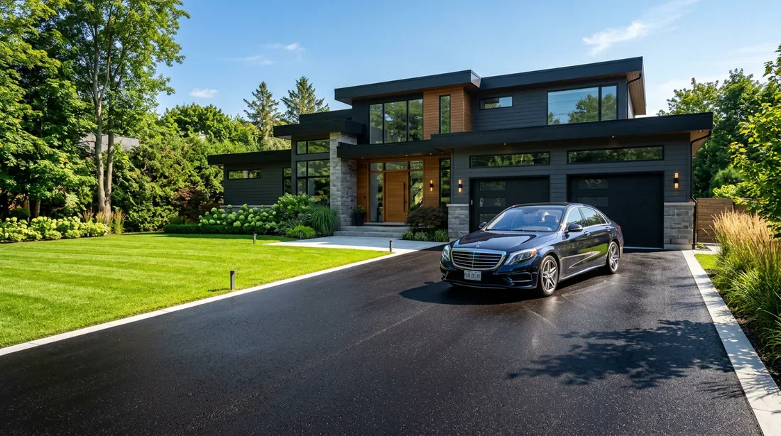 Allée de maison en enrobé noir Allée de maison moderne en enrobé noir fraîchement posé avec une voiture garée.