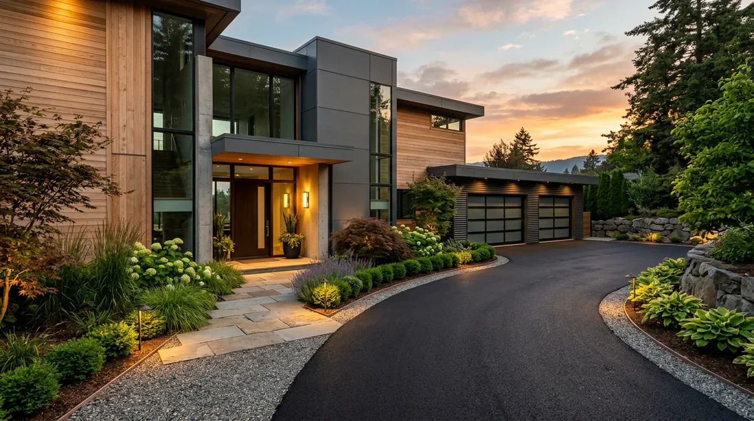 Résultat final d'une allée goudronnée Allée en enrobé noir terminée menant à un garage moderne.
