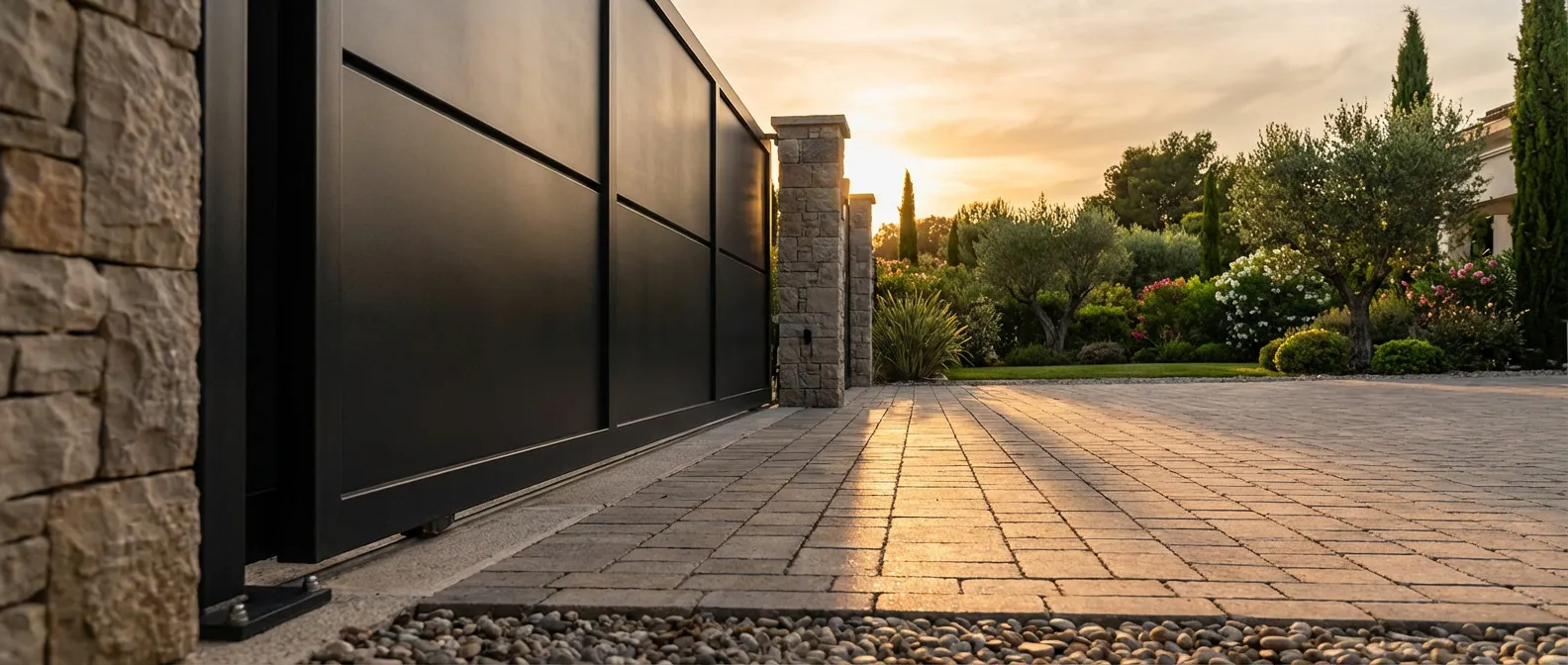 Installation de portail haut de gamme et réglage du sabot Vue cinématique d'un portail moderne avec un problème d'ajustement de sabot au sol