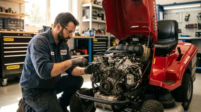 Gros plan sur un mécanisme de moteur de tracteur tondeuse