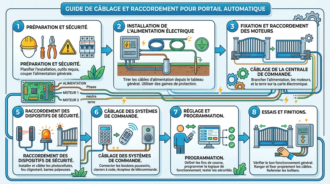 Schéma de câblage électrique Infographie des étapes de câblage pour portail automatique