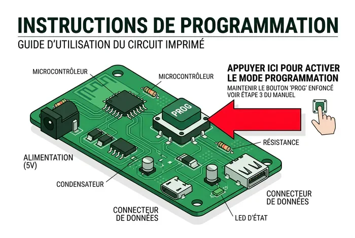 Schéma de programmation du bouton PROG sur carte King Gates