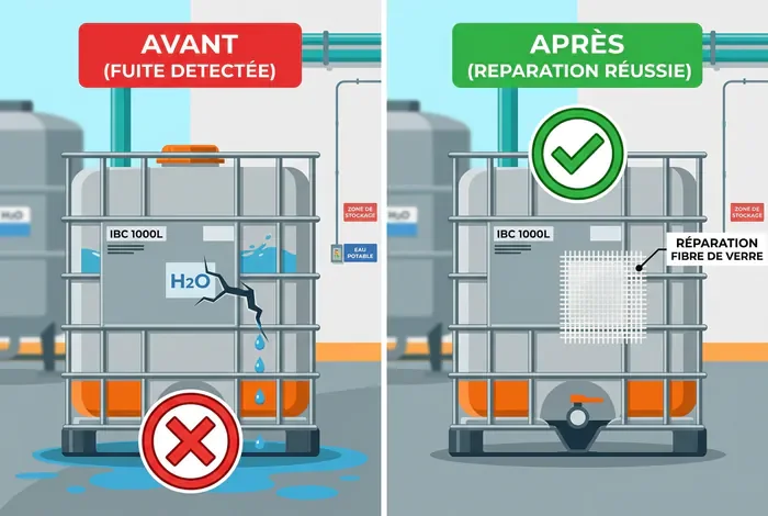 Avant après réparation de fuite sur cuve IBC