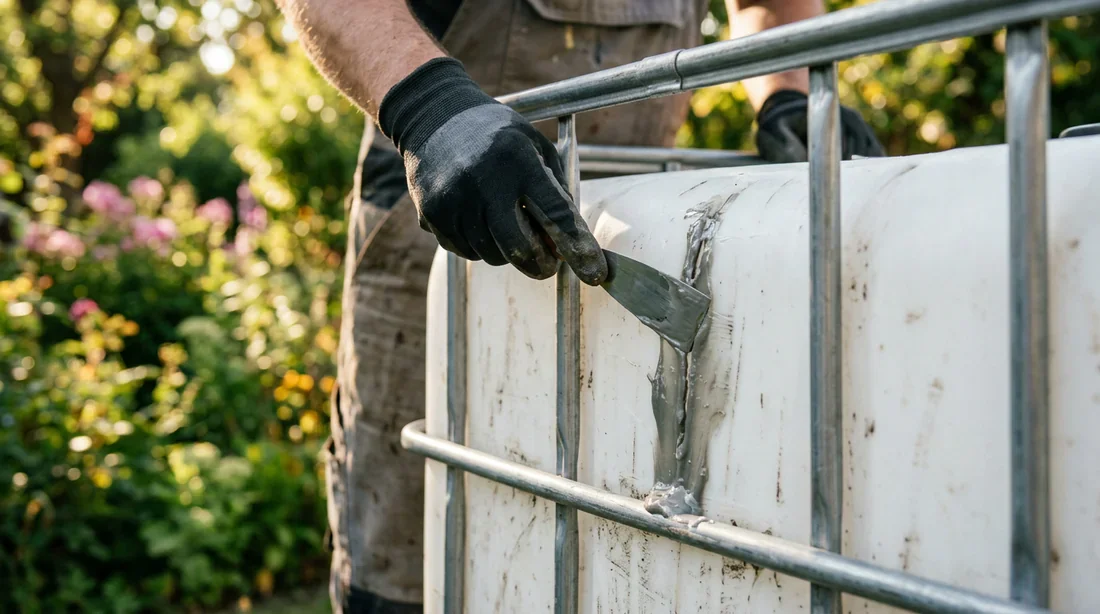 Bricoleur réparant une cuve IBC avec de la résine