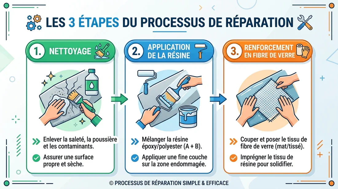 Schéma des étapes de réparation d'une cuve IBC