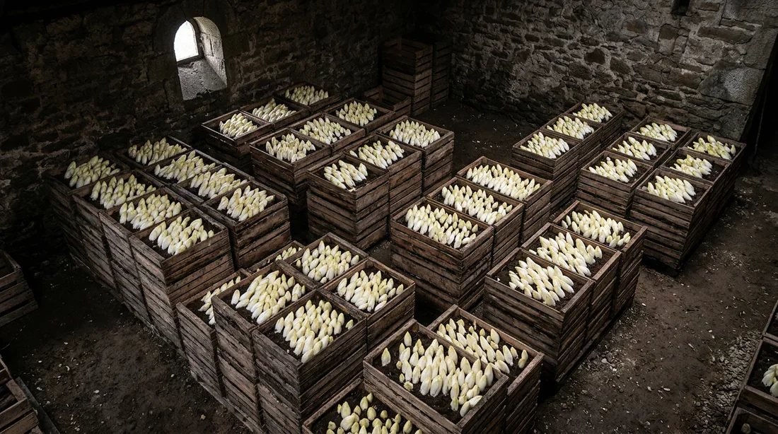 Le processus de forçage en cave Forçage des endives dans une cave sombre