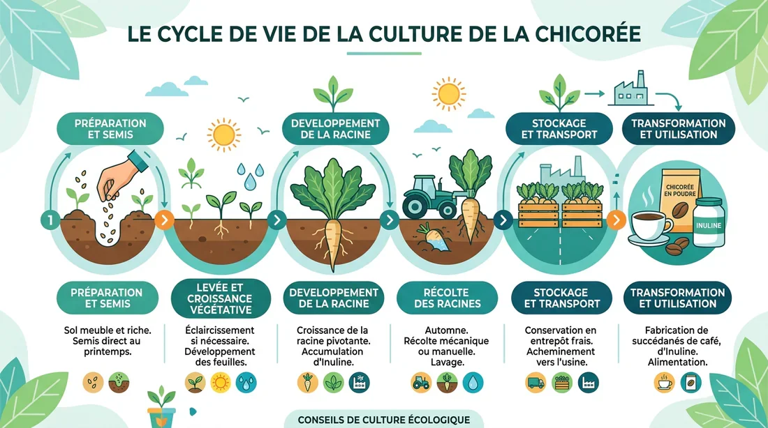 Cycle de culture de la chicorée Infographie illustrant les étapes de culture de la chicorée