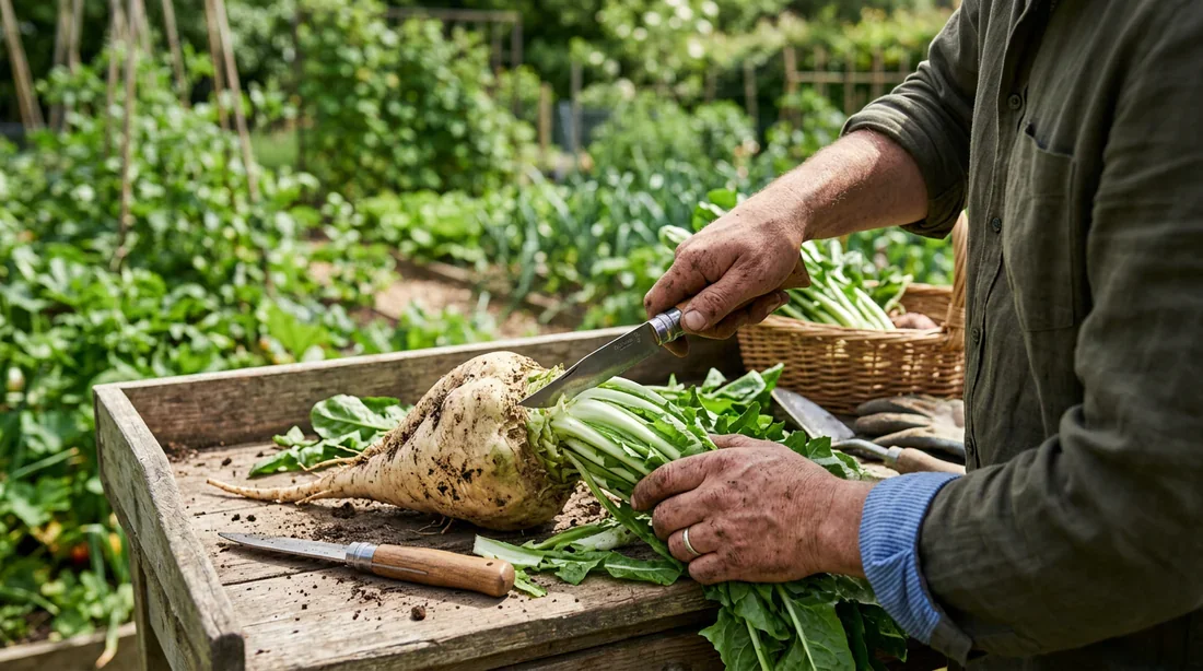 Habillage et préparation de la chicorée au jardin Jardinier effectuant l'habillage d'une racine de chicorée avec un couteau