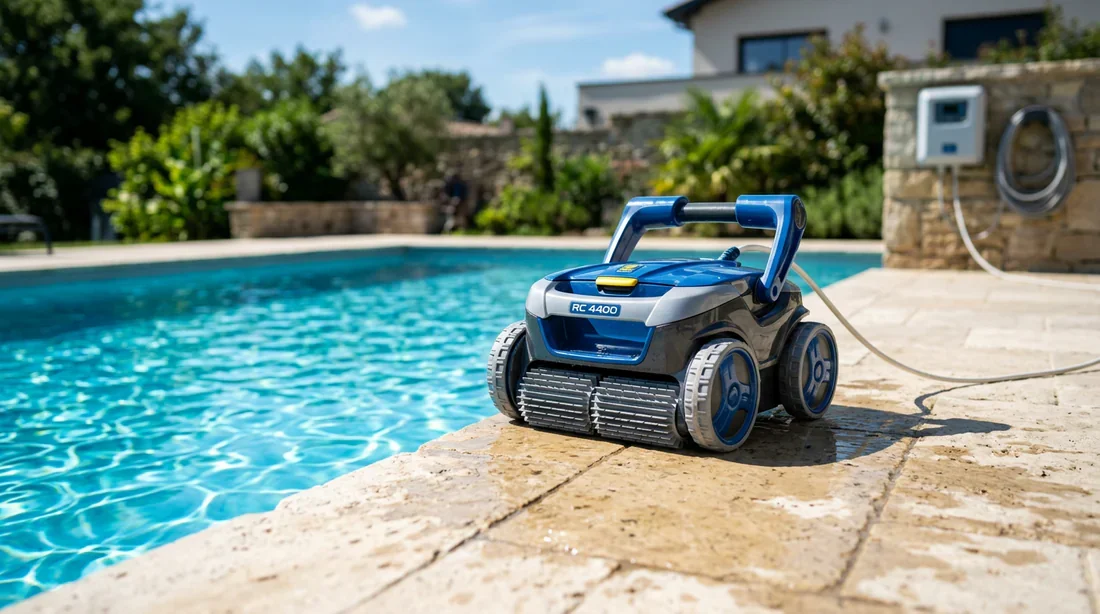 Robot Zodiac RC 4400 sur la margelle de piscine Robot nettoyeur de piscine Zodiac RC 4400 posé sur la margelle de la piscine