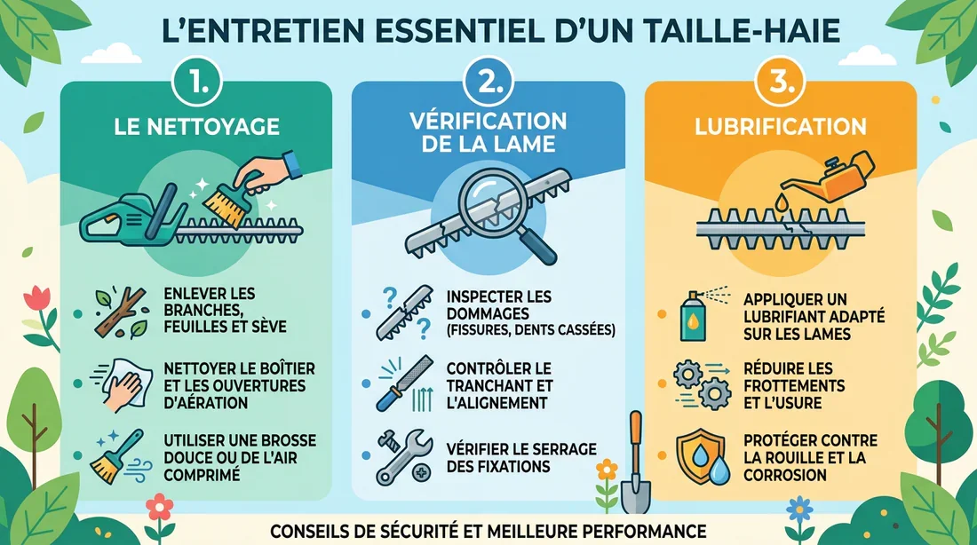 Guide étape par étape de l'entretien du taille-haie Infographie des étapes d'entretien d'un taille-haie