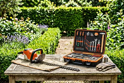 Matériel d'entretien pour taille-haie sur table de jardin