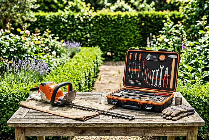 Matériel d'entretien pour taille-haie sur table de jardin