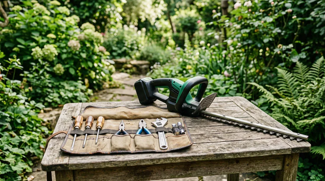 Préparation du matériel pour tailler une haie Taille-haie et trousse à outils posés sur une table de jardin pour entretien