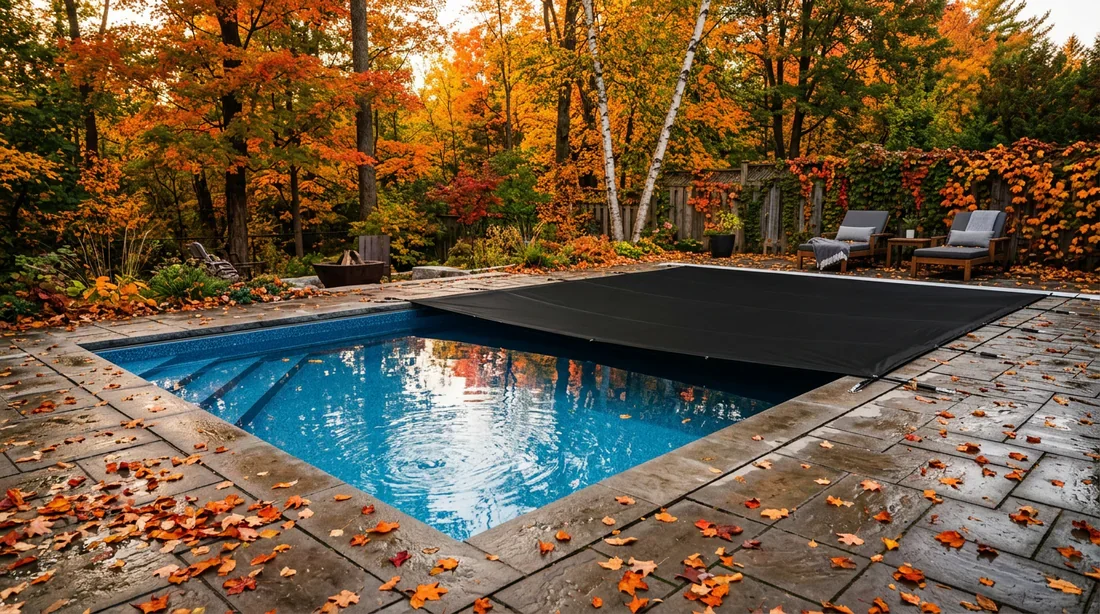 Préparation d'une piscine creusée pour l'hivernage Piscine creusée moderne avec bâche d'hivernage en automne