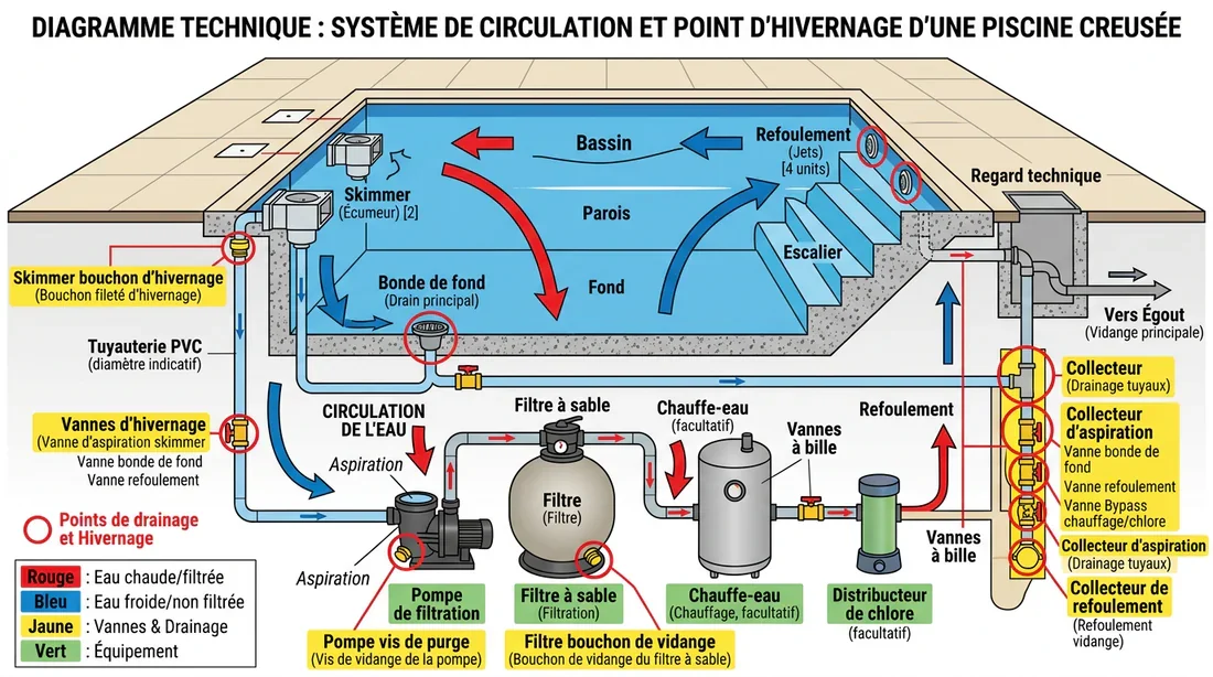 Schéma du circuit hydraulique pour l'hivernage Schéma technique du circuit d'eau pour la mise en hivernage