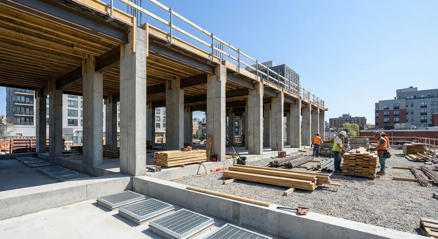 Structure technique et fondations d'une terrasse Phase de construction des fondations et piliers d'une terrasse sur vide sanitaire