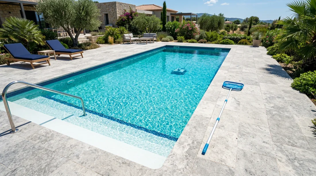 Piscine propre et entretien de l'eau Piscine extérieure propre et cristalline avec épuisette