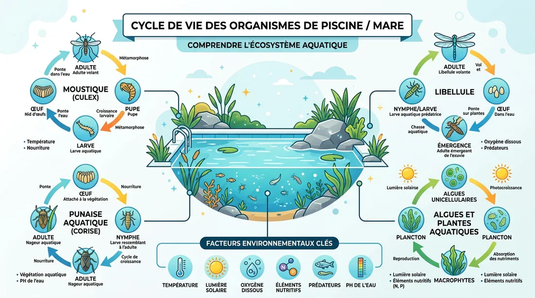 Cycle de vie des micro-organismes en piscine Schéma explicatif des organismes dans l'eau