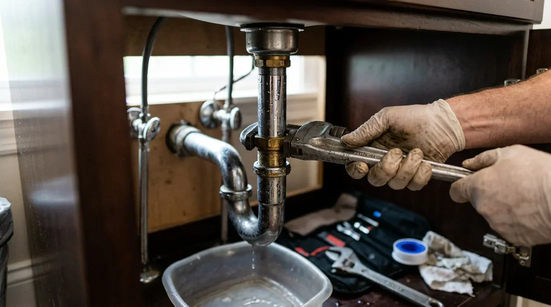 Dévissage de l'écrou de la bonde sous le lavabo avec une clé
