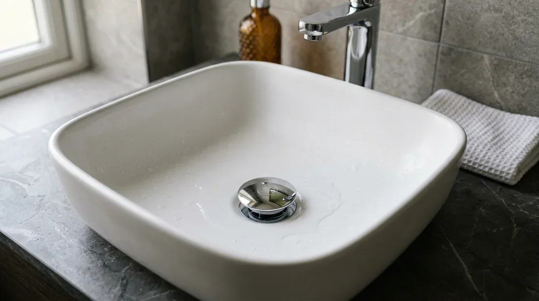 Gros plan sur un lavabo moderne avec bouchon clic-clac chromé