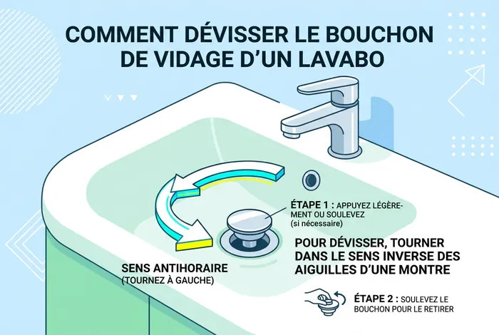 Schéma montrant le sens de dévissage d'une bonde de lavabo