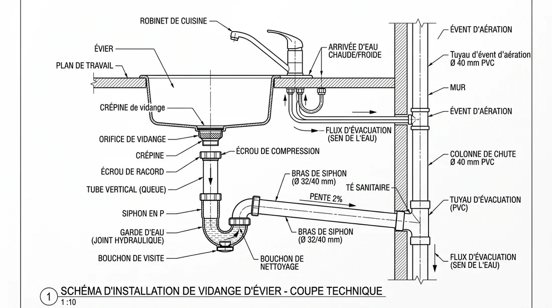 Schéma technique des composants d'une bonde de lavabo