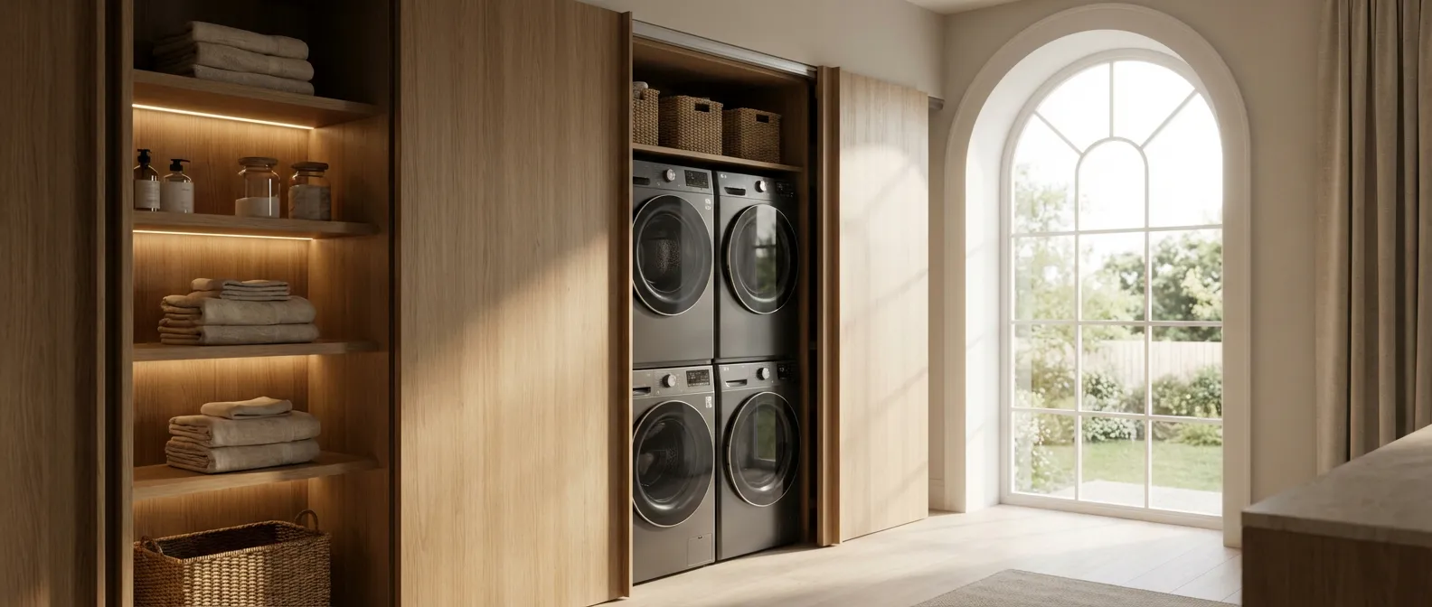 Buanderie de luxe dissimulée dans un placard Aménagement luxueux d'une buanderie intégrée dans un placard en chêne