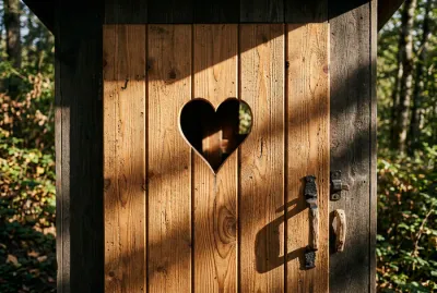 Gros plan sur la porte en bois d'une toilette sèche extérieure