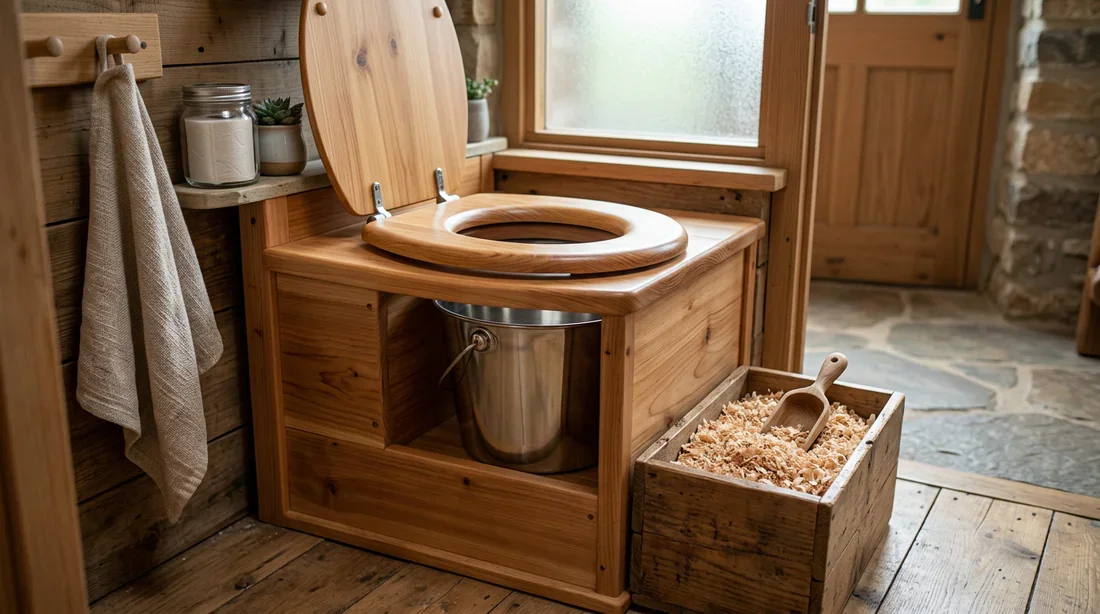 Intérieur et fonctionnement d'une toilette sèche Intérieur d'une toilette sèche avec seau en inox et bac à sciure