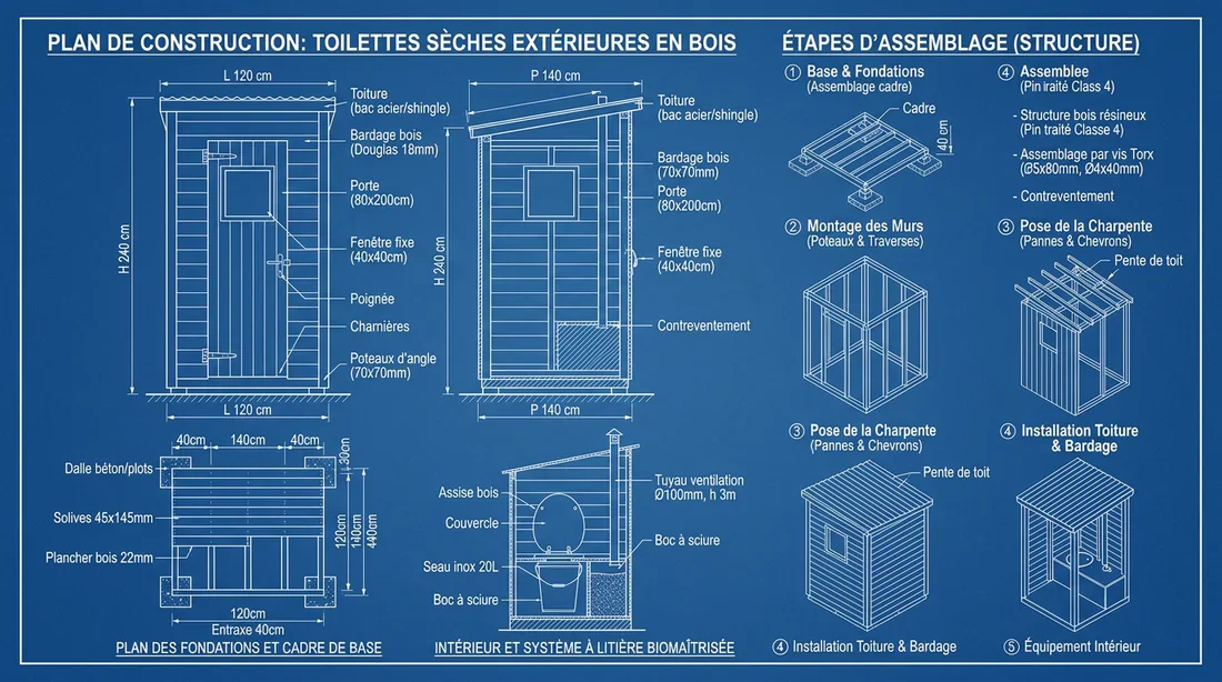 Plan de construction d'une toilette sèche d'extérieur Plan de fabrication et assemblage d'une cabane de toilette sèche en bois