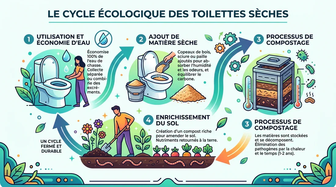 Infographie du cycle écologique de la toilette sèche Schéma expliquant le cycle écologique et l'économie d'eau de la toilette sèche