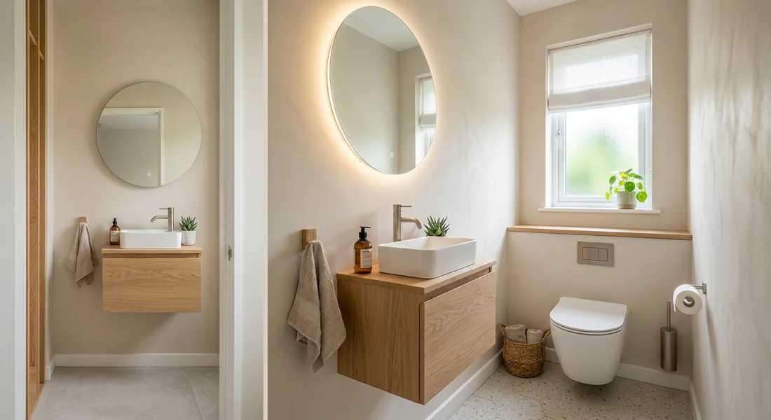 Décoration petit cabinet de toilette lumineux et moderne Aménagement petit WC moderne avec murs clairs et miroir rond rétroéclairé