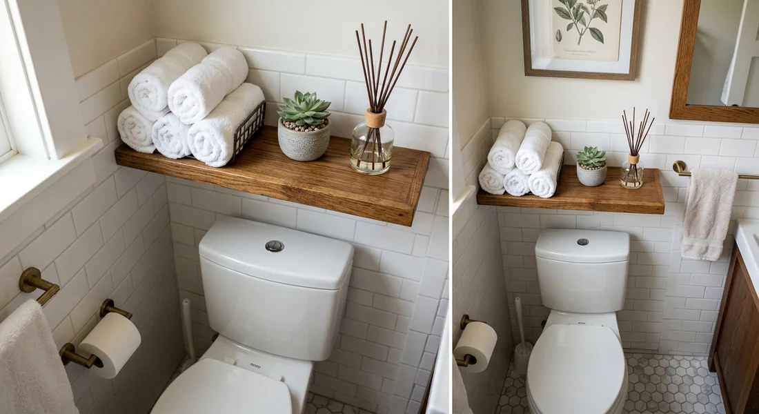 Solution rangement vertical pour petits WC Étagères de rangement en bois optimisées au-dessus des toilettes
