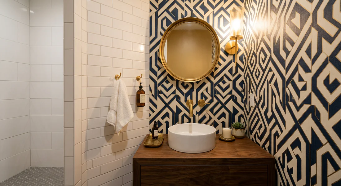 Inspiration déco murale pour petits cabinets de toilette Papier peint géométrique et carrelage métro pour décoration WC originaux